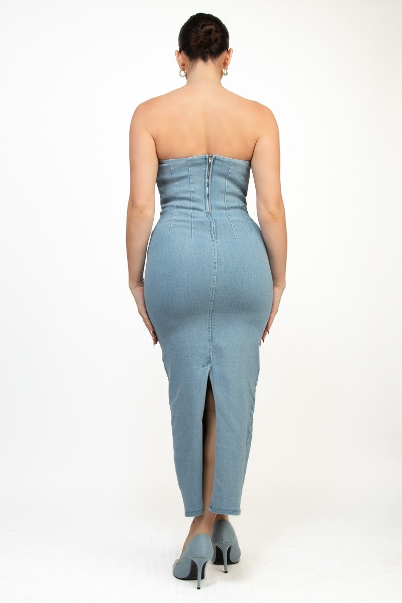 Back Slit Zippered Tube Denim Dress