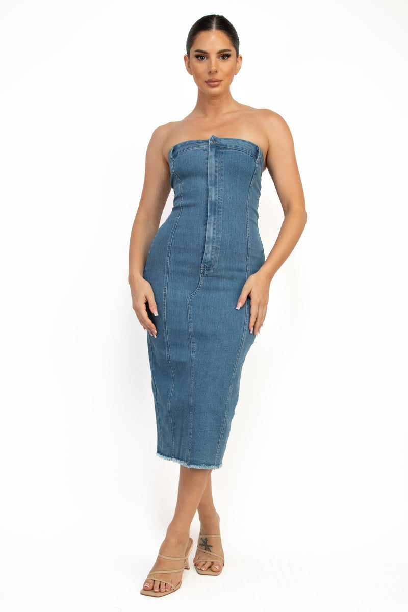 Back Slit Denim Tube Dress