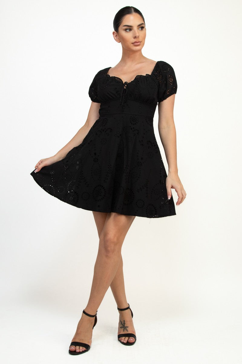 Eyelet Floral Textured Puff Sleeve Mini Dress