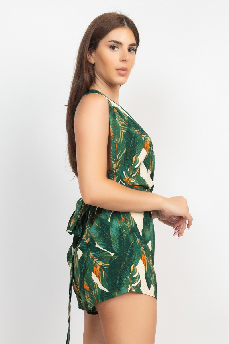 Tropical Self Tie Crisscross Back Romper
