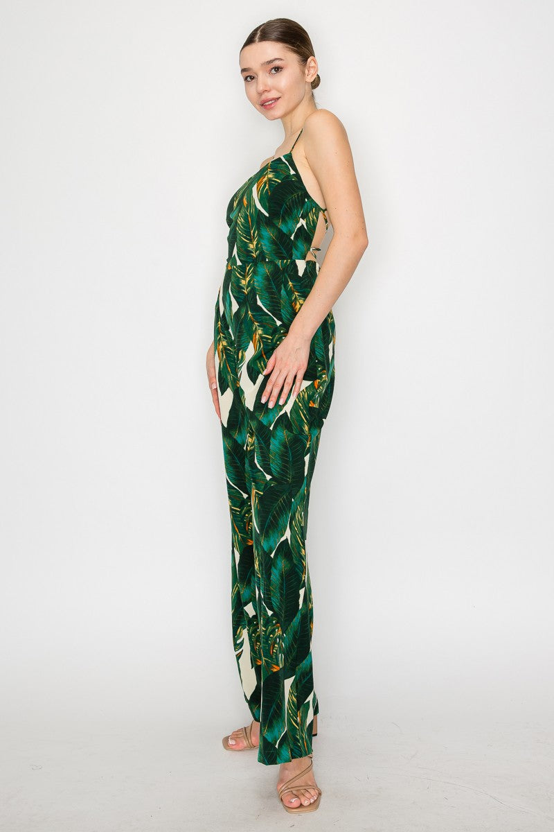 Tropical Crisscross Tie Wide Leg Jumpsuit