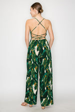 Tropical Crisscross Tie Wide Leg Jumpsuit