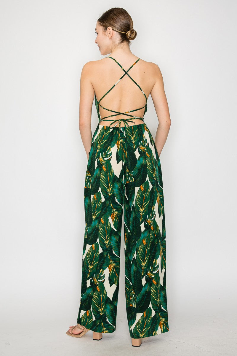 Tropical Crisscross Tie Wide Leg Jumpsuit