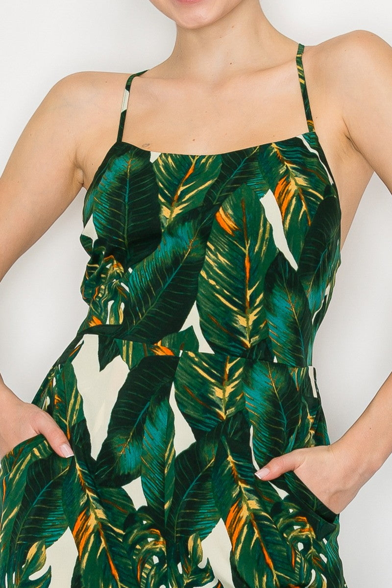 Tropical Crisscross Tie Wide Leg Jumpsuit