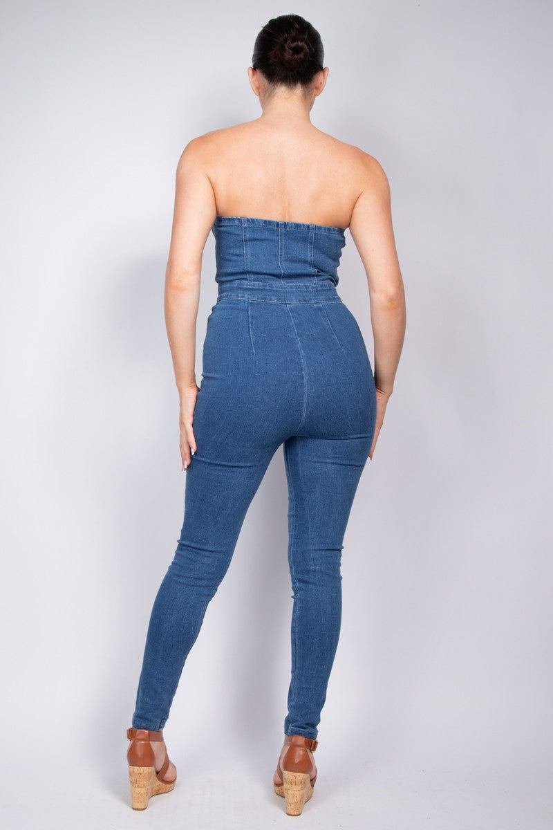 Strapless Buttoned Denim Jumpsuit