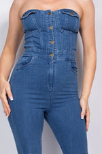 Strapless Buttoned Denim Jumpsuit