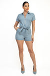 Self Tie Belt Zip Up Denim Romper