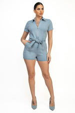 Self Tie Belt Zip Up Denim Romper