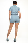 Self Tie Belt Zip Up Denim Romper