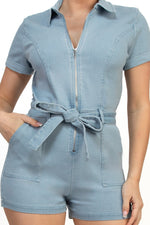 Self Tie Belt Zip Up Denim Romper