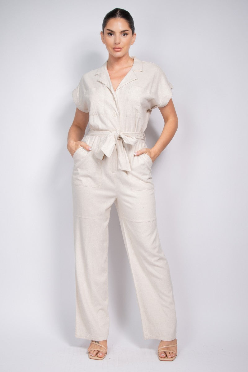 Belted Button Down Linen Jumpsuit