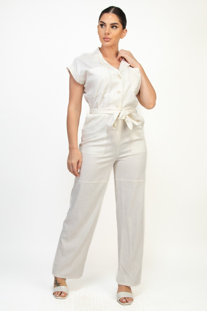 Belted Button Down Linen Jumpsuit
