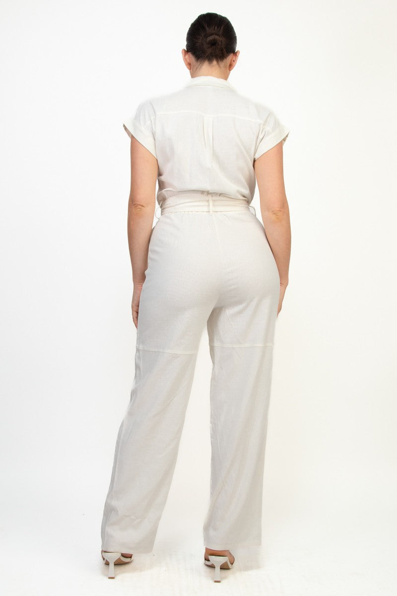Belted Button Down Linen Jumpsuit