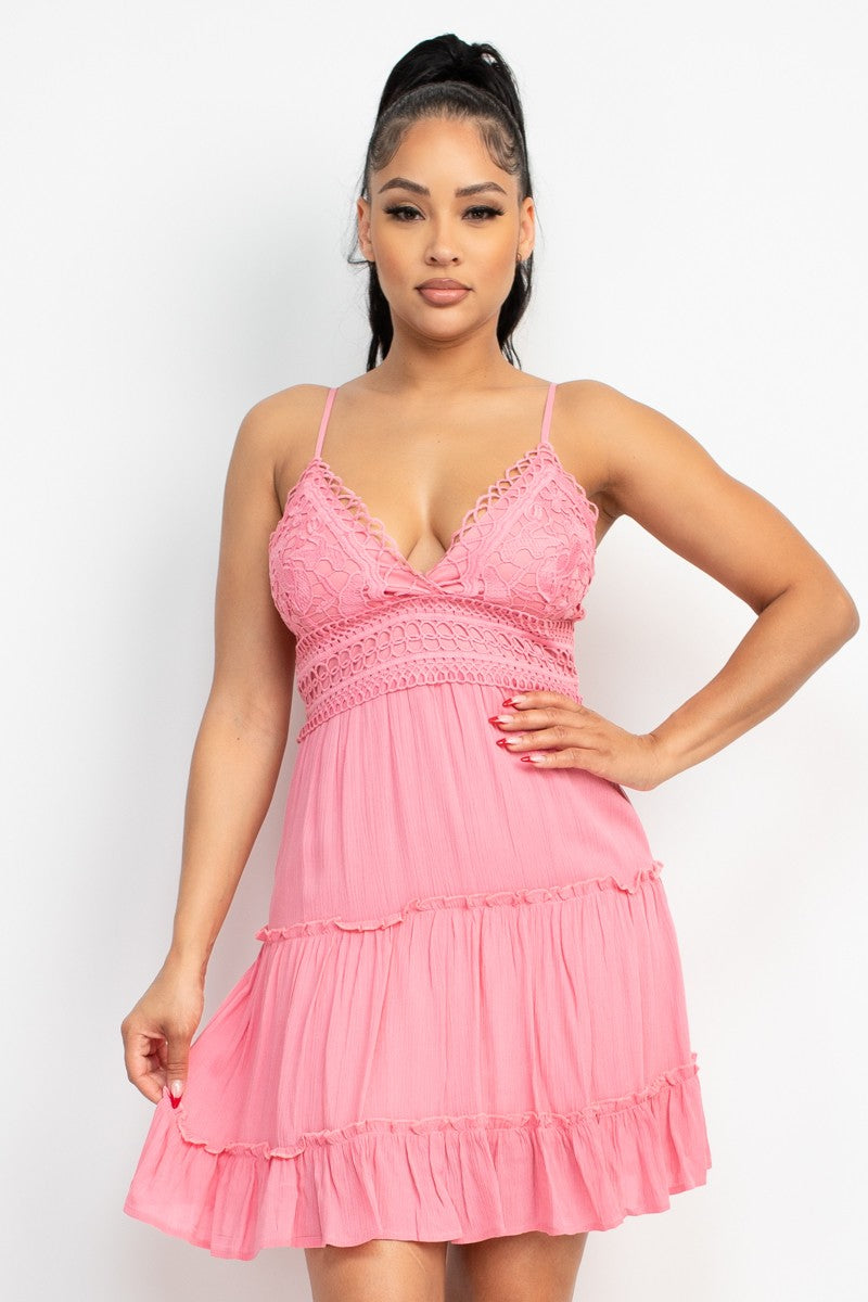 Crochet Trim Layered Flounce Dress