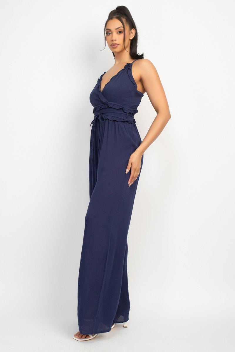 Ruffled V-Neck Wrap Jumpsuit