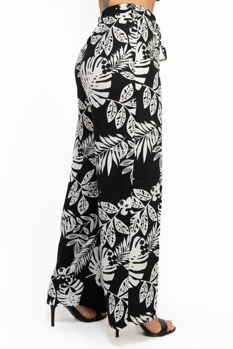 Tropical Print Wide Self Tie Pants