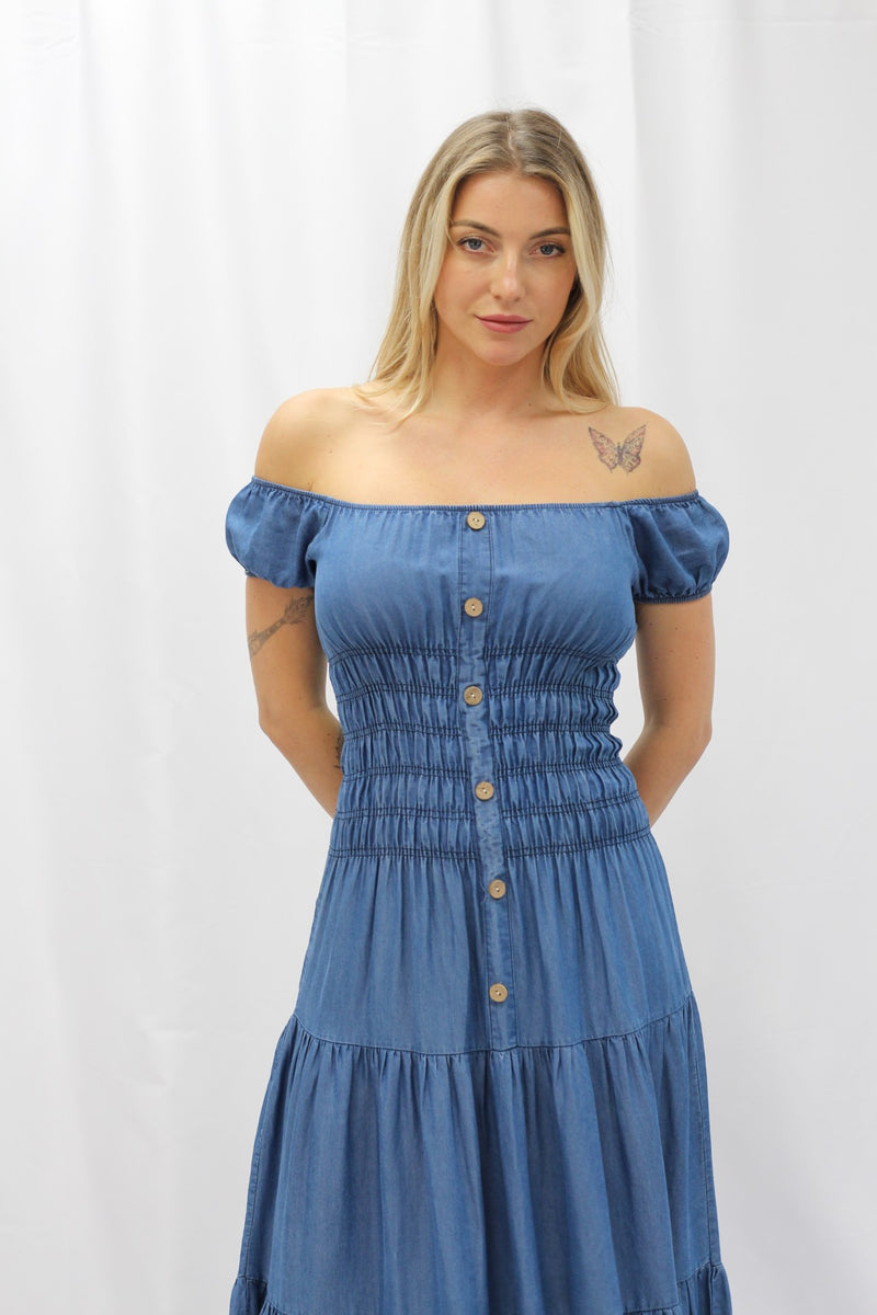 Denim Button Detail Off Shoulder Dress