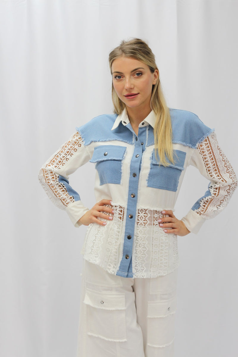 Denim Lace Button Down Top