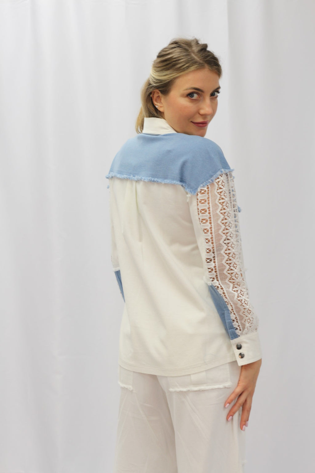 Denim Lace Button Down Top