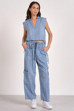 Elan Elastic Waist Band Cargo Denim Pants