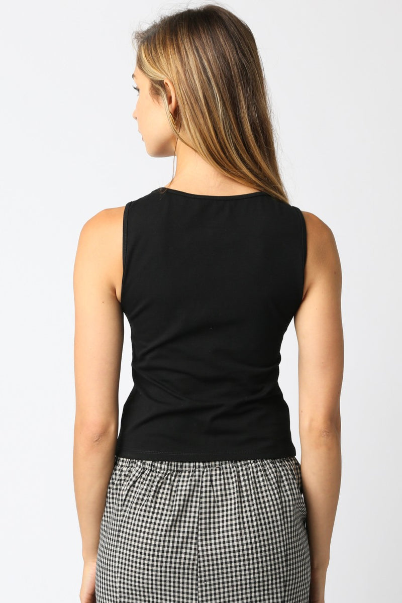 Fitted black Carina tank top with a classic crew neckline, perfect for layering in any Long Island boutique fashion wardrobe.