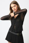 A sheer black mesh top with a button-up front, fitted silhouette, and long sleeves, perfect for layering in Long Island boutique fashion.