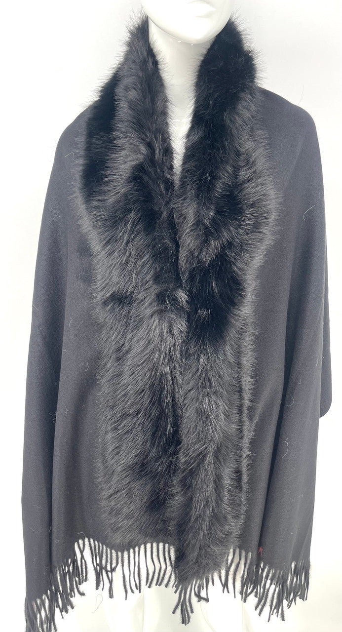 Luxurious black faux fur fringe shawl with a soft, elegant collar, perfect for adding a touch of warmth to any outfit in Long Island boutique fashion.