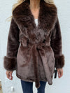 Belted plush faux fur trim Shaci coat in rich brown with a luxurious collar and soft sleeves, perfect for Long Island boutique fashion.