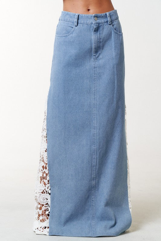 Crochet Lace Side Denim Maxi Skirt