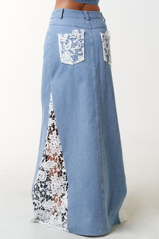 Crochet Lace Side Denim Maxi Skirt