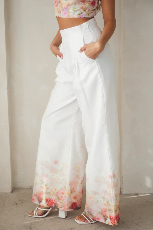 Pleated Pants With Floral Print Hem