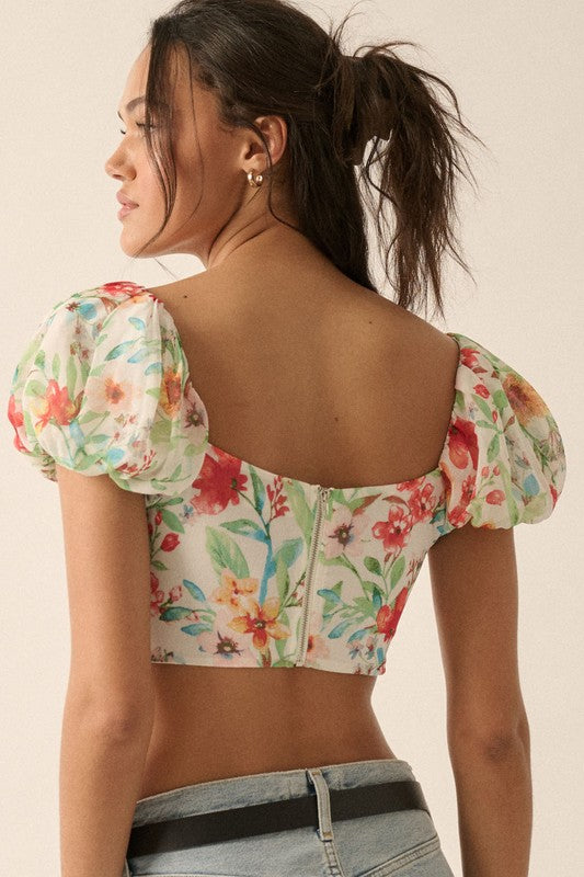 Floral Puffed Sleeve Cropped Corset Top