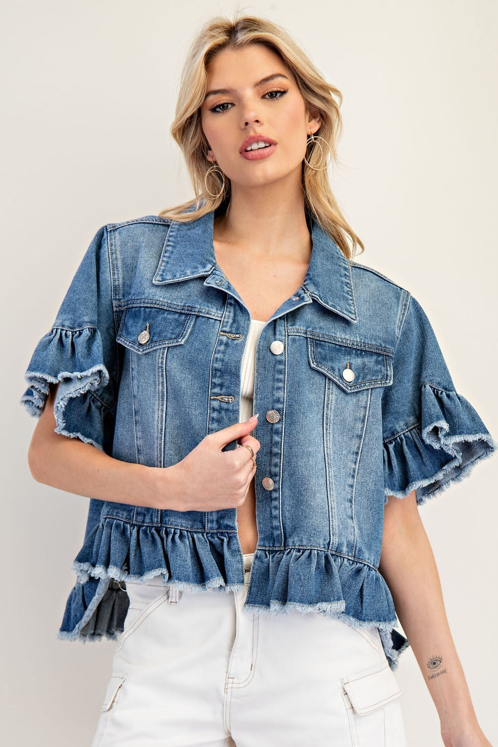 Ruffle Edge Short Sleeve Denim Jacket