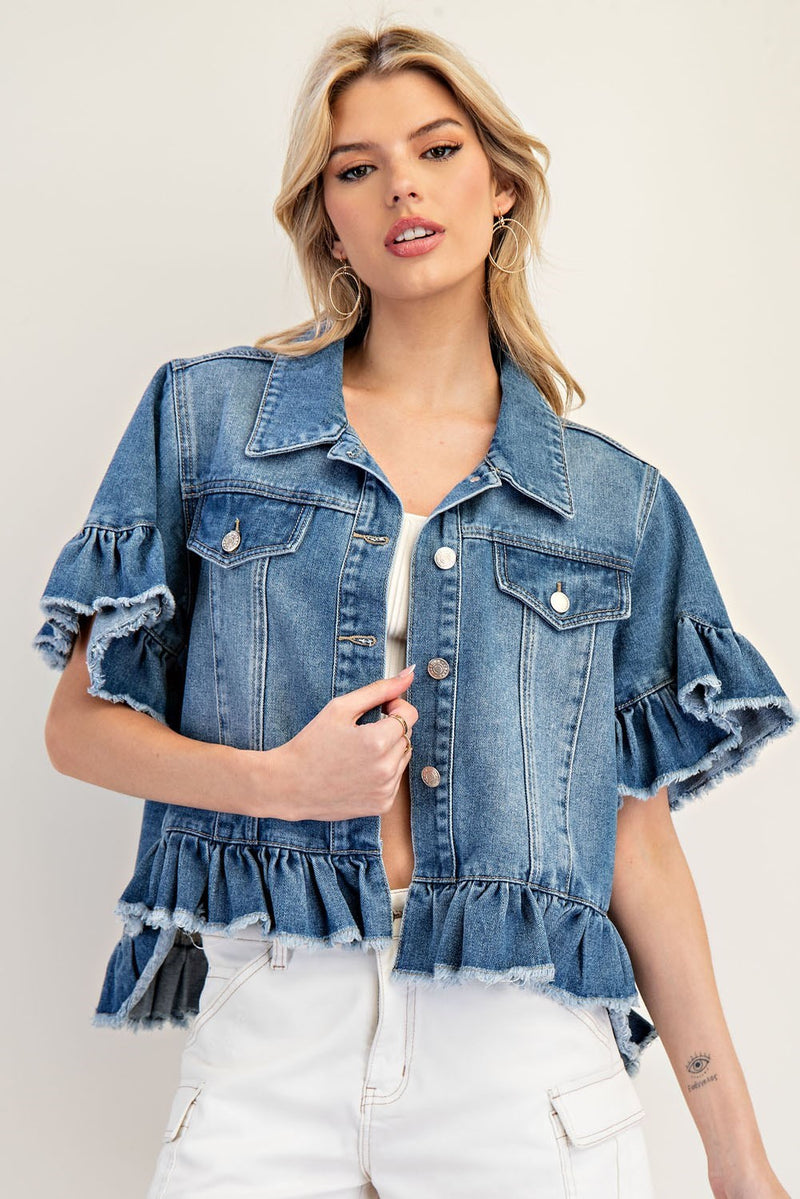 Ruffle Edge Short Sleeve Denim Jacket