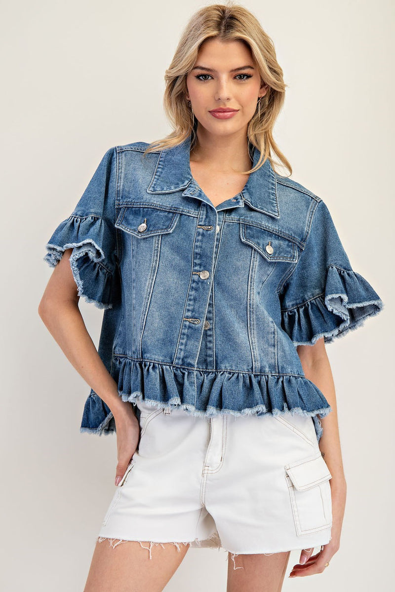 Ruffle Edge Short Sleeve Denim Jacket