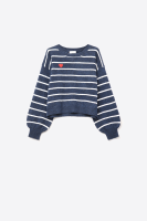 Navy blue and white striped knit sweater featuring a playful heart design, offering a trendy cropped fit for cozy, stylish layering in Long Island boutique fashion.