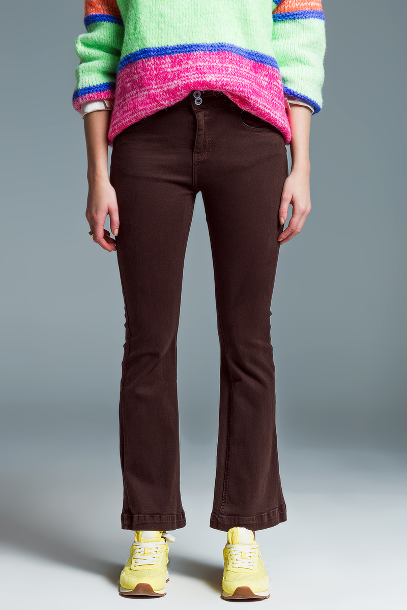Skinny Flared Jeans With Double Button Detail in Brown