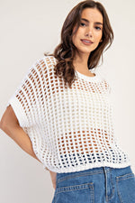 Crochet Knit Short Sleeve Cropped Sweater