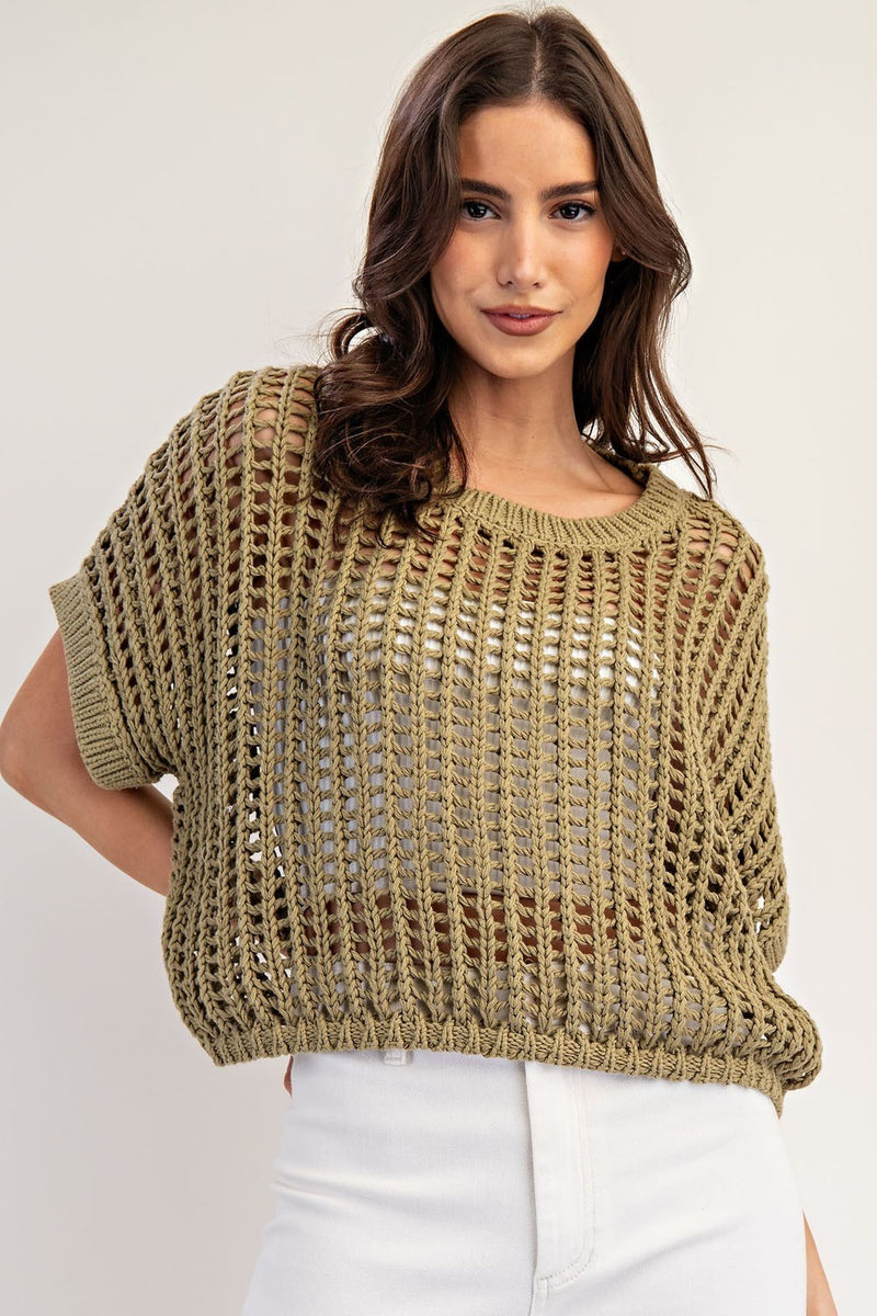 Crochet Knit Short Sleeve Cropped Sweater