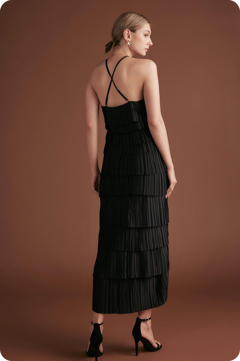Pleated Satin Tiered Midi Dress