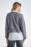 Cozy gray long sleeve sweater shirt combo with a classic striped shirt underneath, perfect for chic Long Island boutique fashion styling.