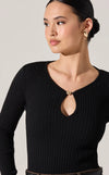 Ribbed black sweater with a keyhole neckline, fitted silhouette, and decorative button detail, perfect for Long Island boutique fashion.