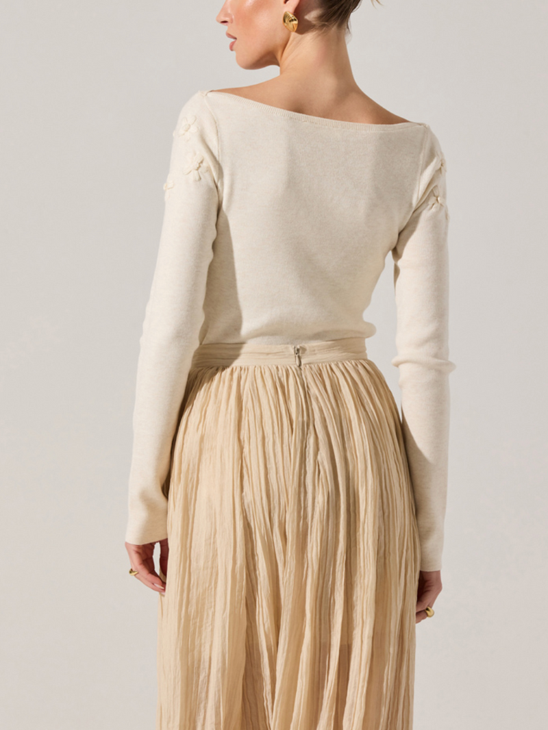 Light beige Astr The Label Bluma Sweater features a wide boat neck and delicate floral embroidery, embodying Long Island boutique fashion elegance.