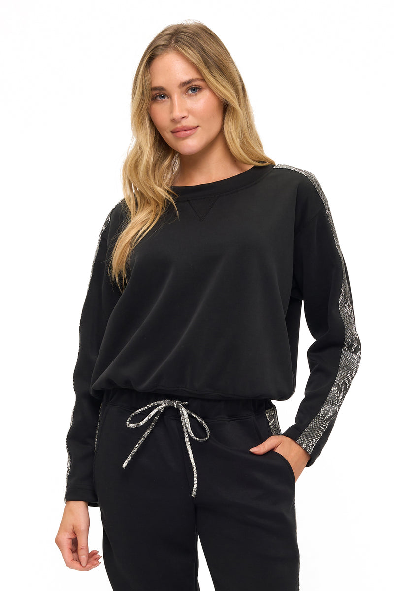 Crew Neck Top with Snakeskin Sleeve Detail