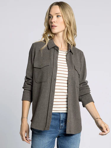 Soft brown heather shirt with two chest pockets, button-down front, and relaxed fit, perfect for Long Island boutique fashion.