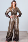Shiny brown gradient long cuff sleeve blouse paired with matching high-waisted wide-leg pants, perfect for Long Island boutique fashion.