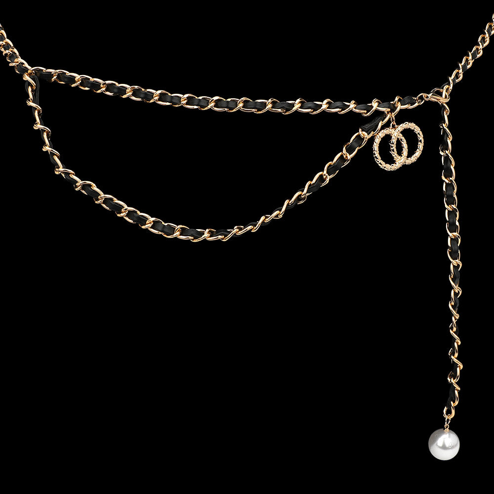 Pearl Tip Double Ring Charm Pointed Draped Faux Leather Chain Belt