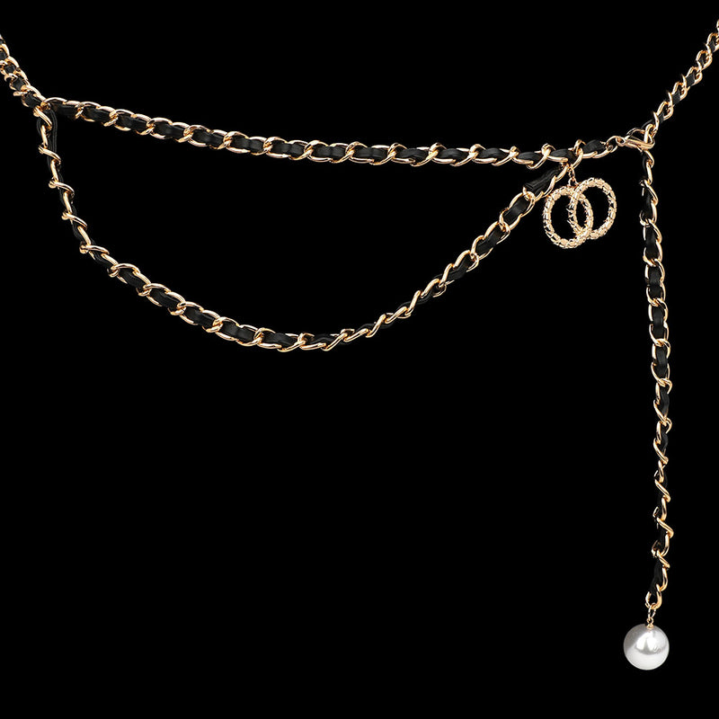 Pearl Tip Double Ring Charm Pointed Draped Faux Leather Chain Belt