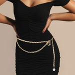 Pearl Tip Double Ring Charm Pointed Draped Faux Leather Chain Belt