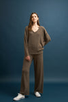 Brushed V-neck drop shoulder sweatshirt in a rich taupe color, perfect for cozy Long Island boutique fashion looks.